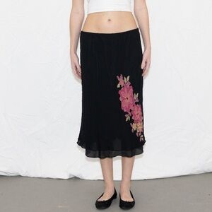 Vintage 80s silk midi skirt flower print beaded size large silk robbie bee